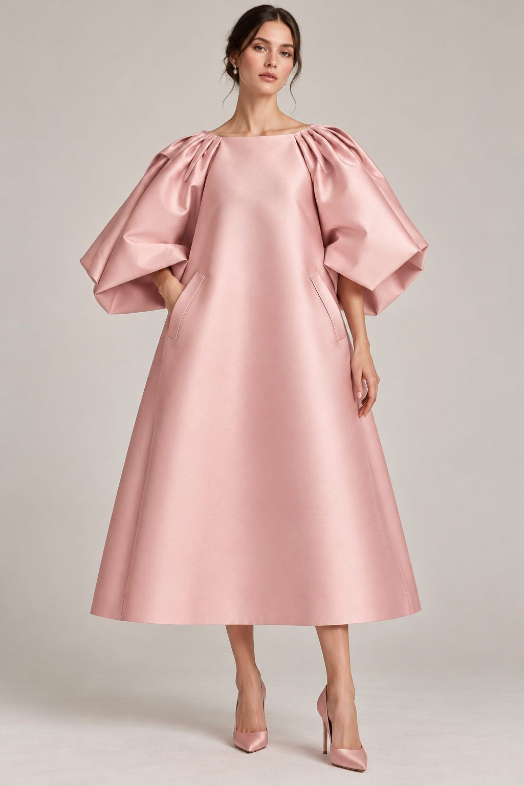 Blush Mikado silk couture dress with sculptural sleeves